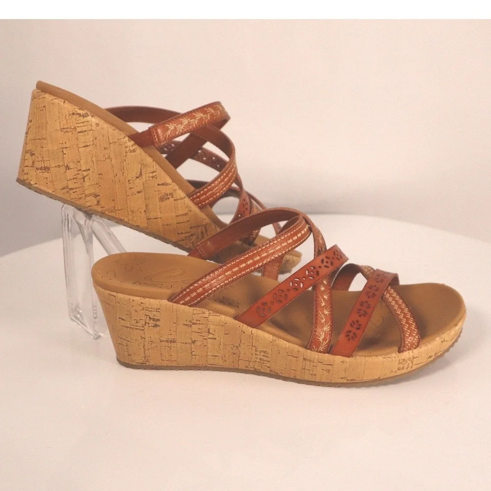 Skechers Cali Luxe Foam Wedge Sandals leather tangerine Size 7.5